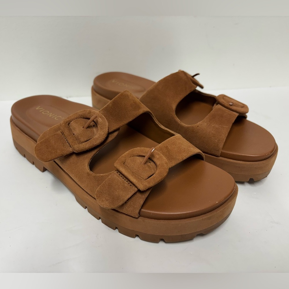 VIONIC Capitola Lug Buckle Chestnut Argan Suede Platform Sandals Women’s Size 9